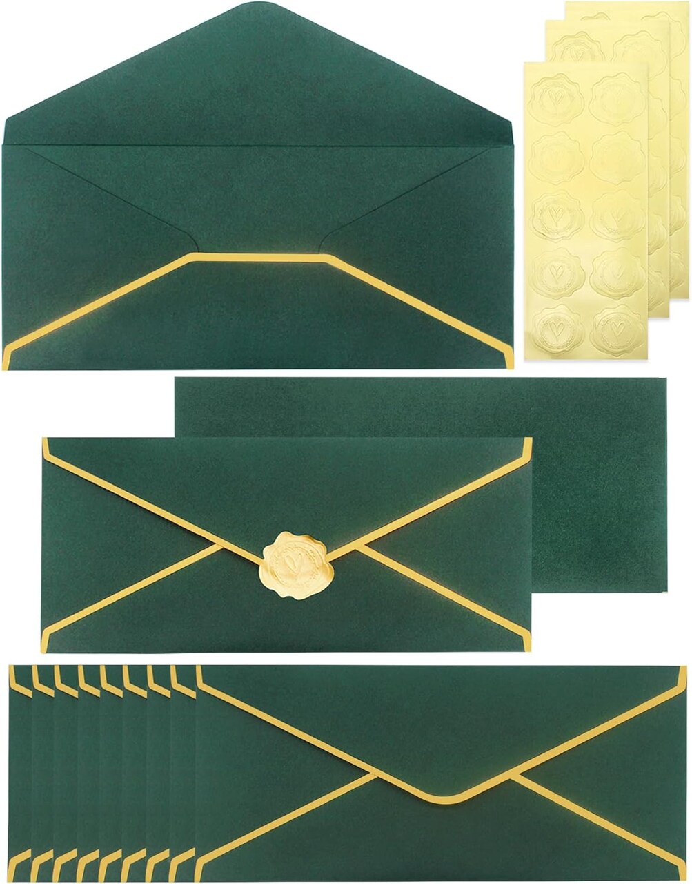 Business Envelopes with V-Flap,Gold Border 30 Pack #10 Envelopes Made of 150gsm Paper, Standard Envelopes with Gold Stickers for Office, Checks, Letter Mailing,9.45 x 4.13 Inches (Christmas Green)